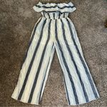 Mystree  Women’s Blue Striped Wide Leg Off-Shoulder Jumpsuit Sz Medium Photo 0