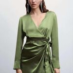 Mango MNG Green Silky Long Sleeve Shirt Wrap Dress, Size 8 Photo 1