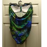 CHAPS Women's Size 18 Blue Green Palm Frond Beaded Halter One-Piece Swimsuit Photo 2