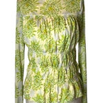 Rebecca Taylor Shirt Women Small Green Ivory Floral Mock Neck Quilted Look Top Photo 0