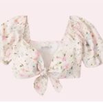 Abercrombie & Fitch Tie Front Linen Blend Puff Sleeve Cropped Top Women's MEDIUM Photo 1