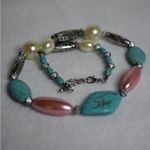 Western Fashion Turquoise Mix Bead Faux Pearl Engraved Metal Work Necklace Silver Photo 2