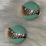Mint Green Gold with Faux Paved Diamond Round Enamel Earrings with Post Backs Photo 2