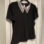 NWT AUW Size S Black Puff Short Sleeve White Eyelet Lace Collar Top Keyhole Back Photo 2