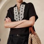 Banana Republic  Linen Blend Embroidered Top Black White Medium Short Sleeve Boho Photo 1