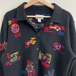 Chico's  Vintage Black Multicolor Wool Embroidered Aztec Animals Button Up Jacket Photo 3