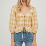Reformation Barrett Checkered Linen Blouse Size 0 Yellow Top Photo 0