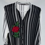 Embroidered tunic Black and White Striped Blouse Red rose Accent button up Size L Photo 2