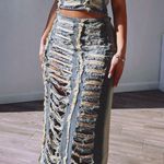 Fashionable Denim Ripped Vest Slit Skirt Two Photo 0
