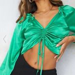 Pretty Little Thing Green Satin Ruched Blouse Photo 0