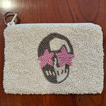 NWOT Tiana NY White Gray Skull & Pink Star Beaded Coin Purse Pouch Photo 0