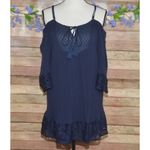 Flying Tomato  Blue Blouse Top Size L Lace Hem Tunic Up V-Neck Casual Photo 1