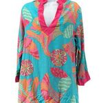 Anthropologie Britt Ryan Mini Dress Silk Blend Bright Pink Blue Tropical V-Neck Beach Medium Photo 0