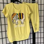 Matching Oversized Embroidered Elephant Shirt & Capris Leggings Yellow Large Photo 1