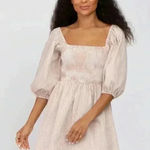 BIBI | Taupe Striped Smocked Puff Sleeve Dress White Size XL Photo 0