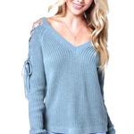 LA Hearts Pacsun Distressed Cold Shoulder Cut Out Lace Up V-neck Pullover Sweater Blue XS Photo 0
