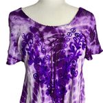 Batik Tie Dye Sun Dress S Purple Lace Front Embroidered Short Sleeve Rayon Photo 1
