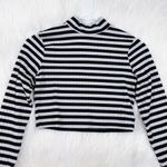 H&M Women's Black & White Striped Ribbed Long Sleeve Mock Neck Crop Top Size S Photo 3