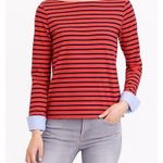 J.Crew Women's Shirt Red Striped Wide Neck Top Chambray Cuff Boat Neck Sz M Photo 2