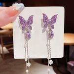 Earrings Sparkling Purple Butterfly + Tassel Photo 0