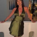 ZARA  dress halter open back tie bow Elegant Olive Green Satin wedding party Photo 0