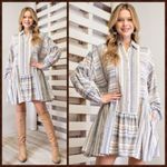 easel  Long Sleeve Linen Blend Purple White Button Up Tunic Dress Boho Beach Photo 1