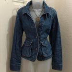 Eddie Bauer Y2K Vintage Grunge Fitted Navy Blue denim jean military cargo utility harajuku jacket shirt Top Blazer long sleeve button front-S Photo 0