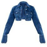 Pretty Little Thing Mid Blue Wash Denim Cuff Detail Cropped Jacket Photo 4