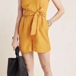 Anthropologie Maeve Luna Gold Orange Linen Romper V Neck size 12 Photo 0