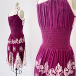 vintage • 70s batik dyed sundress smocked maroon white embroidered rayon boho Photo 13