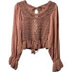 Free People NWT  Boho Puff Sleeve Megan Crocheted Cropped Top Coral Shirt XS $128 Photo 4