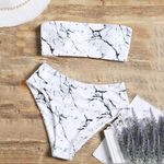 Amazon  White Black Marble Print Bandeau High Waisted Bikini Swim Suit Size Large Photo 1