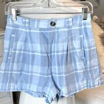American Eagle  Cotton Linen Blue Plaid Shorts Comfy Elastic Back Waist Womens S Photo 7