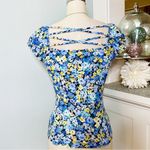 Ruched Floral Ribbed Cap Sleeve Top Blue Yellow Green Flowers Medium Photo 3