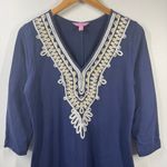 Lilly Pulitzer Dress Women M Blue White Gold Embroidering Shift Modest Preppy Photo 2