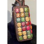 Crochet Multicolor Wooden Women’s Wallet Wristlet Barrel Shaped Zip Structured Brown Photo 0