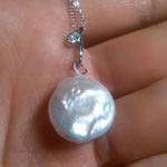 Freshwater Coin Pearl And Simulated Diamond Silvertone Pendant Necklace Photo 1