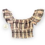 Boutique Off The Shoulder Mixed Plaid Pink/Brown Crop Top NWT Pink Size L Photo 6