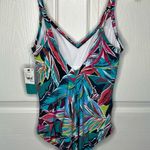 Aqua Green  Sz L Floral Swimsuit One Piece Hawaiian Tropical Print Photo 5