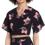 Leith Black Pink Hawaiian Floral Button Down Short Sleeve Cropped Top Blouse Photo 0