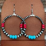 Navajo Style Pearl Hoop Drop Earrings with Faux Turquoise and Red Silver Photo 0