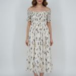 AQUA Smocked Off Shoulder Floral Midi Dress White Blue Yellow Size S Photo 2
