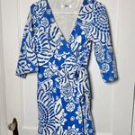 Tibi  Women's Blue White Floral Cotton Classic Chic Wrap Mini Dress Size 6 Photo 0