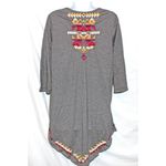 Johnny Was JOHNNY WAS Medium Gray Aztec Cross Stitch Tunic TOP V-Hem 3/4 Slv Raw Edge Art Photo 3