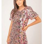 Loveriche Puff Sleeve Multicolor Geometric Sequin Pattern Mini Dress, Medium Pink Photo 0