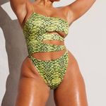 Pretty Little Thing Shape Yellow Snake Print Branded Trim Panelled Cut Out Swimsuit Photo 0