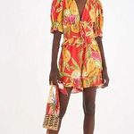 FARM RIO linen romper papaya fruits watermelon colorful beaded ruffle playsuit Red Size L Photo 2