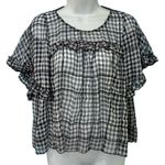 ZARA Navy Blue White Gingham Sequin Flutter Sleeve Sheer Peplum Blouse size M Photo 0