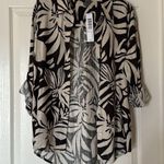 Tribal Long Sleeve Leaf Print roll sleeve cotton linen blouse S NWT black Photo 2