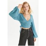 Urban Outfitters  Blue Cropped Rib Top Cuff Sleeves Medium Photo 2